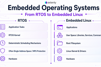 Diagram comparing RTOS and embedded Linux architecture, including application tasks, deterministic scheduling mechanisms, user space, root filesystem, Linux kernel, and hardware.